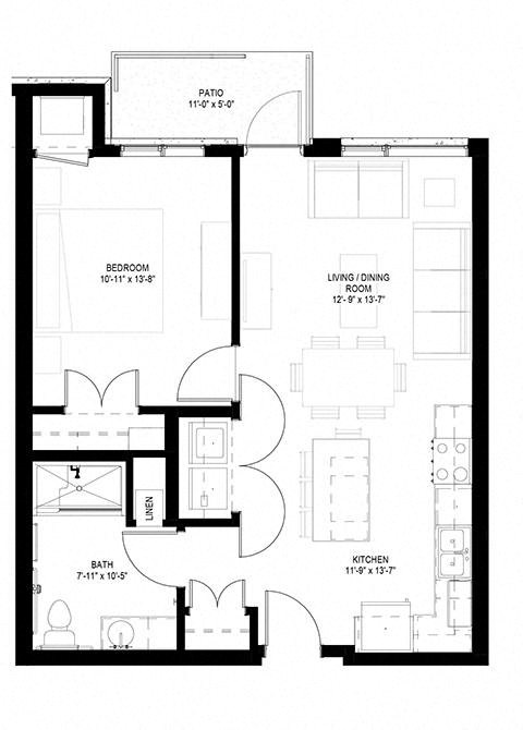 Floor plan for 1 bed, 1 bath, 723 sqft